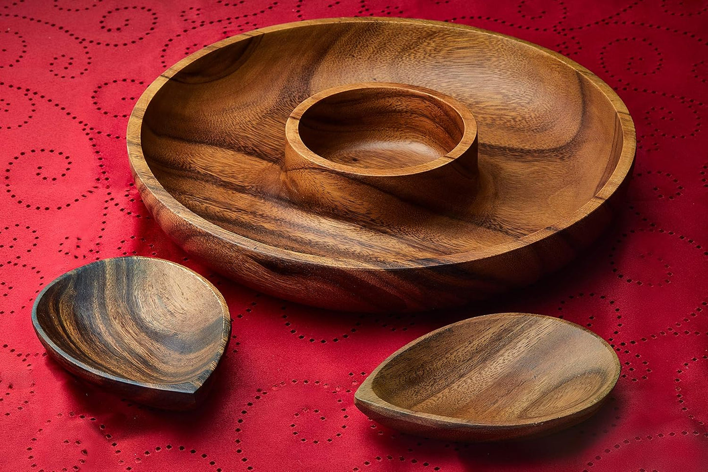 Handcracfted Acacia Wood Chip and Dip Specialty Salsa Bowl Plate Tray 10' D x 1.5" Thick