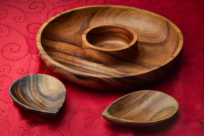 Handcracfted Acacia Wood Chip and Dip Specialty Salsa Bowl Plate Tray 10' D x 1.5" Thick