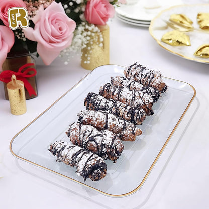 6 Pack Plastic Serving Trays for Party - 8 x 11 Disposable Serving Tray - Heavy Duty Gold Dessert Trays (Clear)