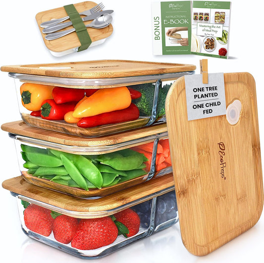 EcoPreps Glass Bento Box Containers with Bamboo Lids, 3 Compartment Glass Meal Prep Containers (3 Pack) - 100% Plastic Free, Eco-Friendly Lunch Container Set, Bamboo Lid Bento Boxes for Adults