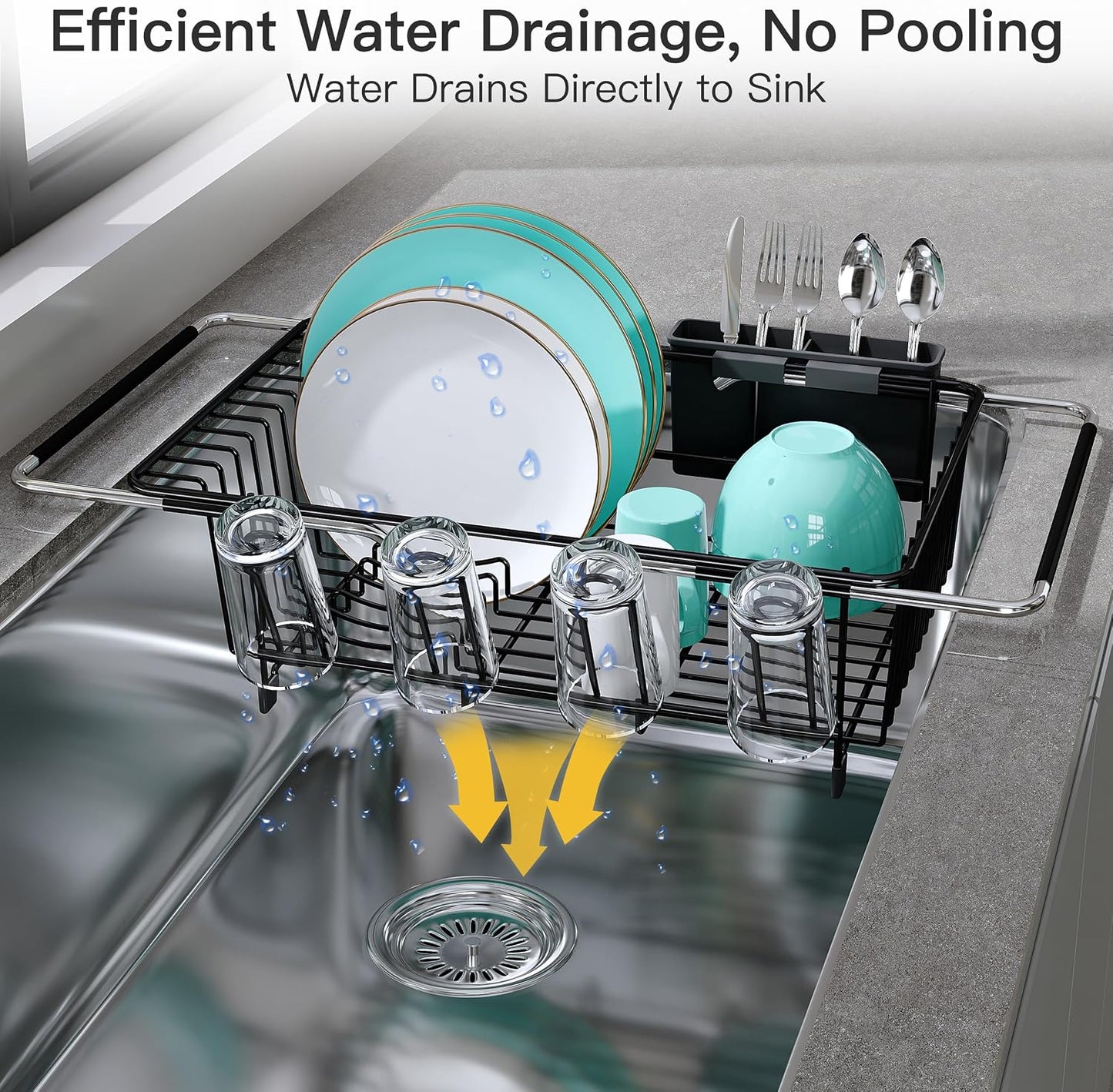 JASIWAY Dish Drying Rack in Sink, Expandable Stainless Steel Dish Drainers for Kitchen Counter, Dish Dryer Rack for Inside Sink, Over The Sink Dish Racks with Utensil Holder, Silver