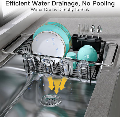 JASIWAY Dish Drying Rack in Sink, Expandable Stainless Steel Dish Drainers for Kitchen Counter, Dish Dryer Rack for Inside Sink, Over The Sink Dish Racks with Utensil Holder, Silver