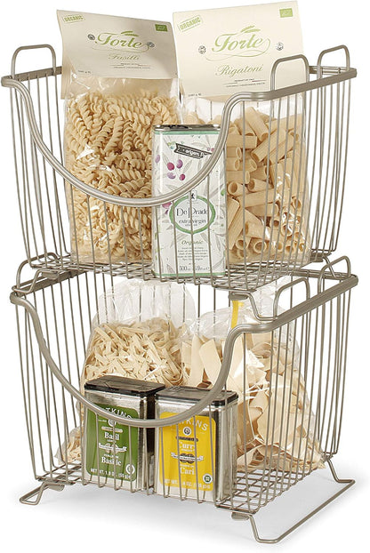 Spectrum Ashley Small Stackable Wire Baskets for Pantry & Kitchen Counter Organizer, Stacking Fruit Basket Wire Bin with Raised Feet & Handles for Vegetable Fruit Potato Onion Storage, Satin Nickel