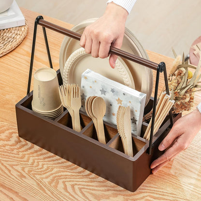 PTSTING Silverware Caddy Wood Utensil Holder Paper Plate Dispenser Silverware Utensil Caddy Cutlery Flatware Organizer Box for Spoons Forks Plates Napkins