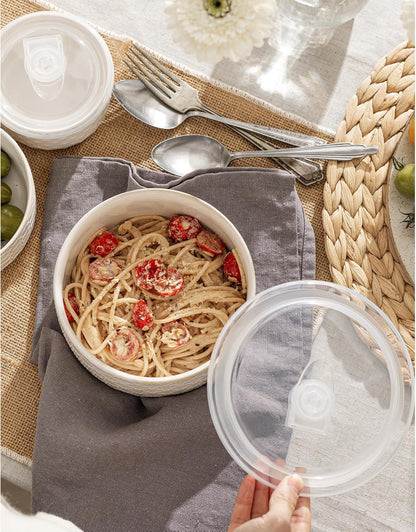 Mixing Bowls with Lids Set of 4, Ceramic Nesting Bowls, Embossed Mixing Bowl Set for Food Storage, Prep Bowl, Gift, Microwave and Dishwasher Safe, 10/18/33/50 OZ, Off-White