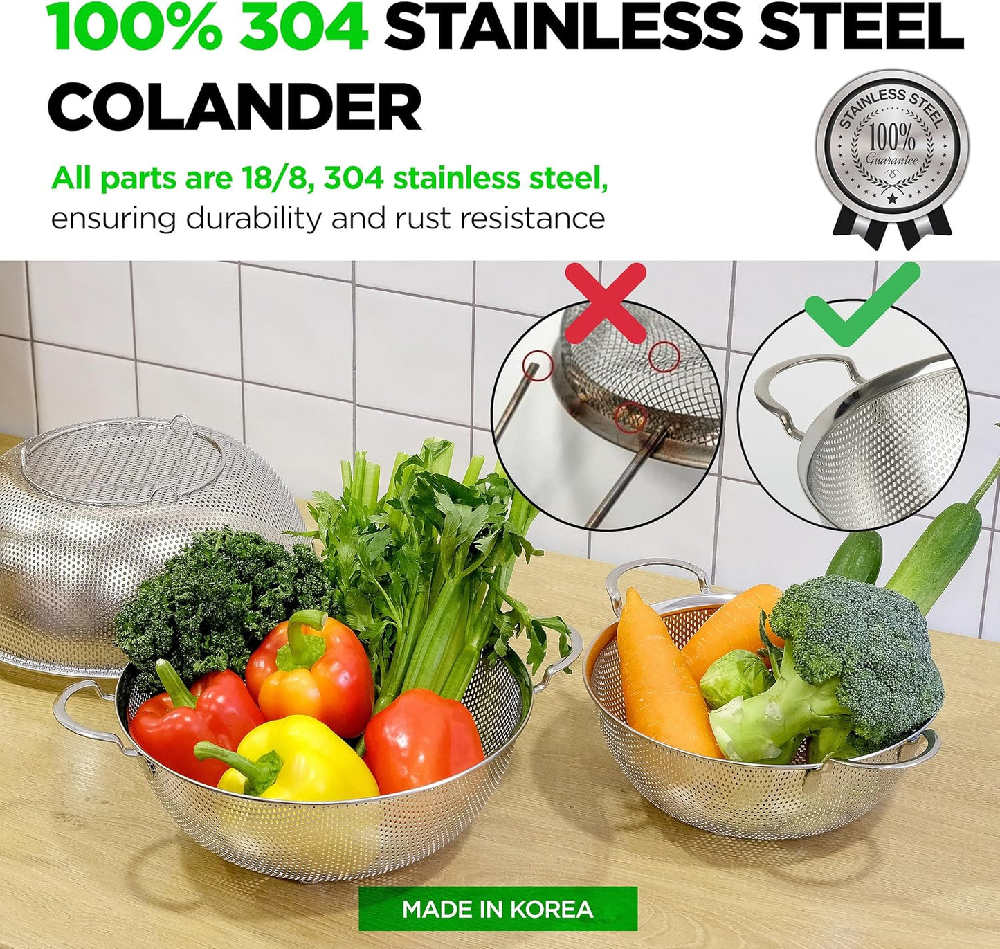 Premium 18/8 304 Stainless Steel Micro-Perforated Small and Big Colander Set of 4 with rings - 3.5-5.5-7.5-9.5 Quart Set, Self-Draining Solid Base for Pasta, Fruits, Vegetables