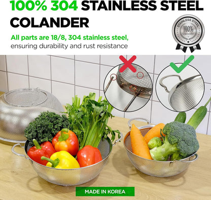Premium 18/8 304 Stainless Steel Micro-Perforated Small and Big Colander Set of 4 with rings - 3.5-5.5-7.5-9.5 Quart Set, Self-Draining Solid Base for Pasta, Fruits, Vegetables