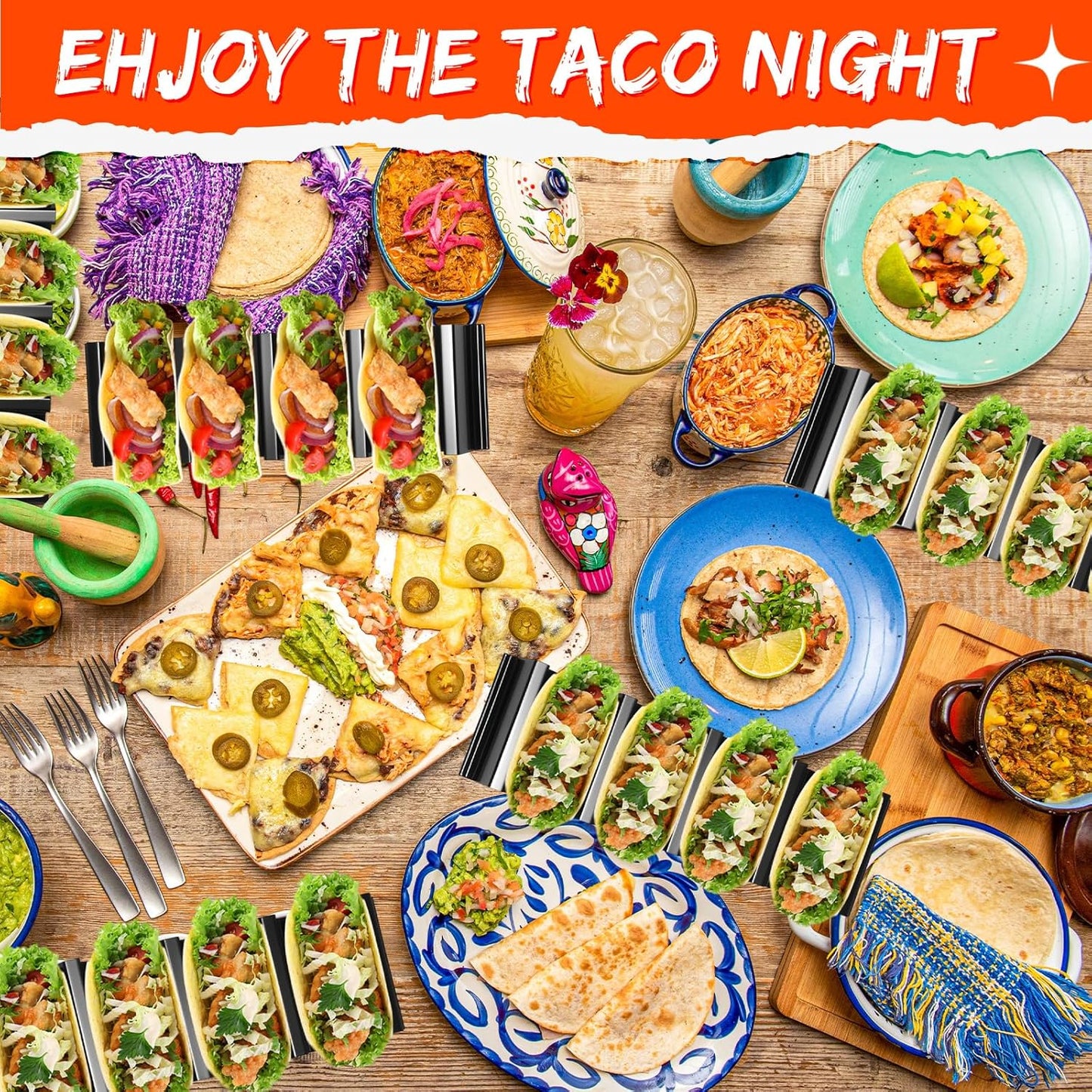 Baderke Taco Holder Stands Set of 8 Black Large Tray Plates Plastics Shell Holder for Taco Tuesday Night Mexican Festival Party Supplies, Dishwasher Microwave Safe