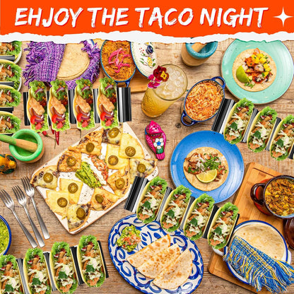 Baderke Taco Holder Stands Set of 8 Black Large Tray Plates Plastics Shell Holder for Taco Tuesday Night Mexican Festival Party Supplies, Dishwasher Microwave Safe
