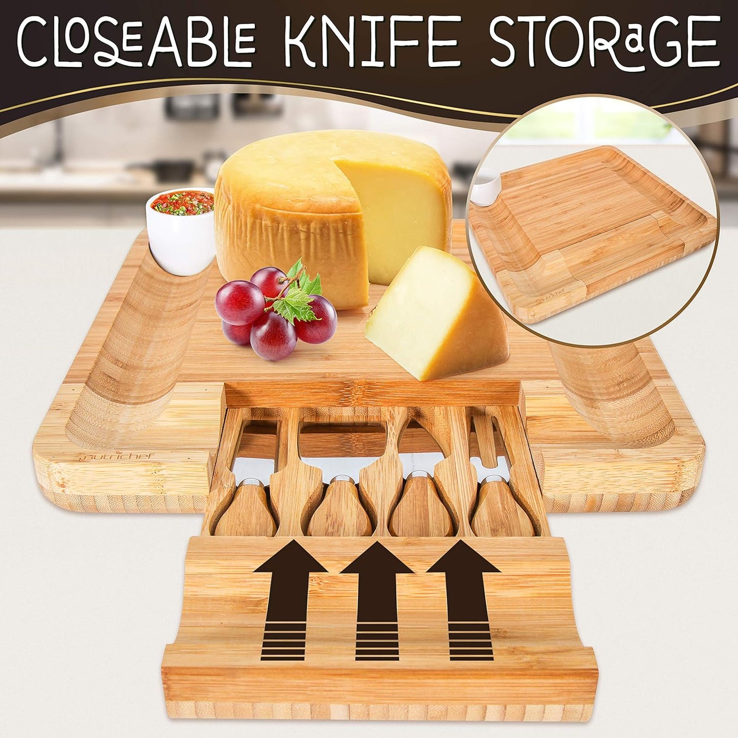 NutriChef Bamboo Natural Cheese Board Set with Bonus Condiment Cup-Extra Large Size 100% Home Organic Wooden Plate and Charcuterie Tray with 4 pcs Cutting Knife Slicer, 13" Round