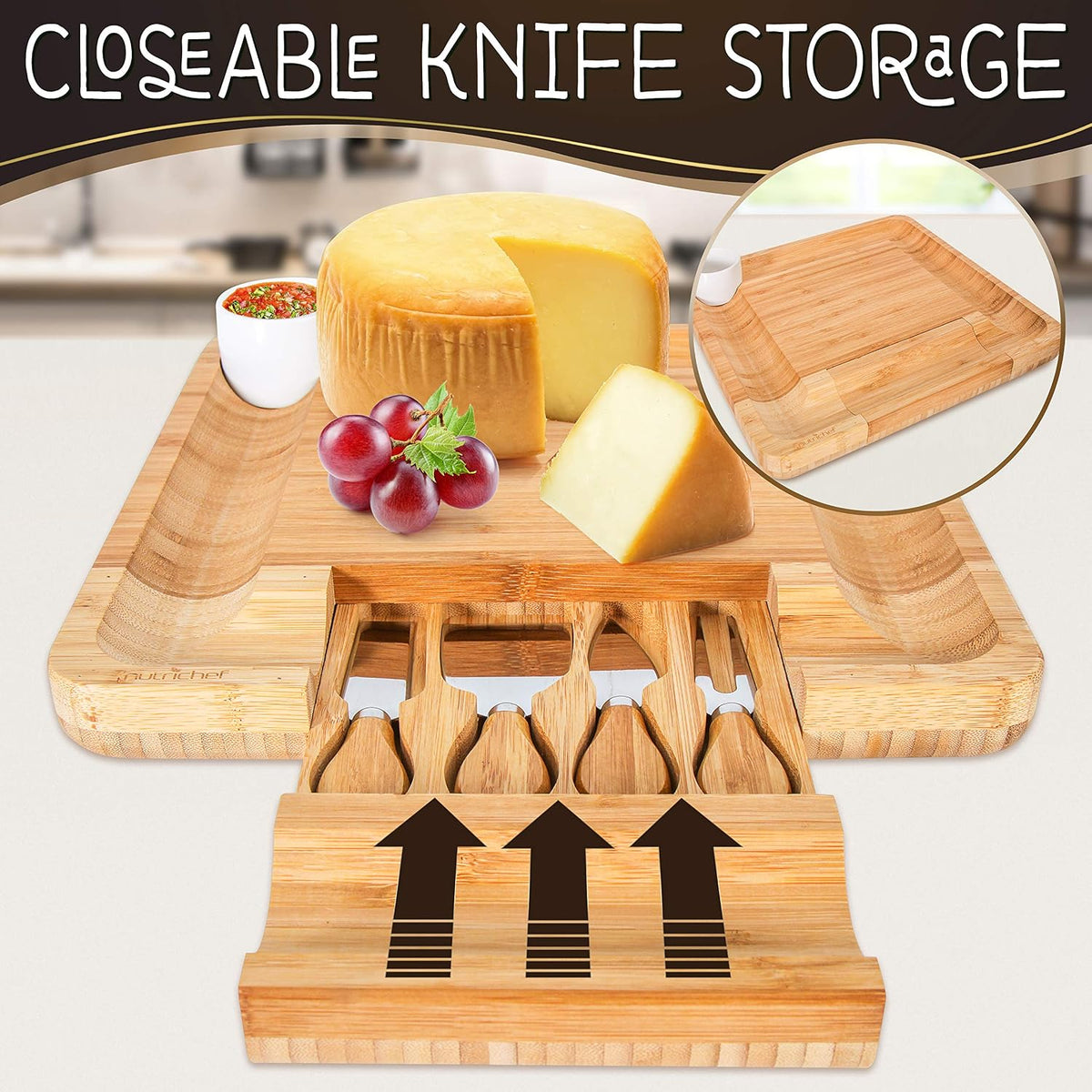 NutriChef Bamboo Natural Cheese Board Set with Bonus Condiment Cup-Extra Large Size 100% Home Organic Wooden Plate and Charcuterie Tray with 4 pcs Cutting Knife Slicer, 13" Round