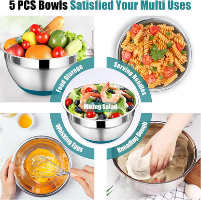 P&P CHEF Mixing Bowl with Lid Set, 5 Piece Stainless Steel Mixing Nesting Bowls for Salad Storage, 3 Grater Attachments & Non-Slip Bottoms, Size 1/1.5/2 / 2.6/4.6 QT, Black