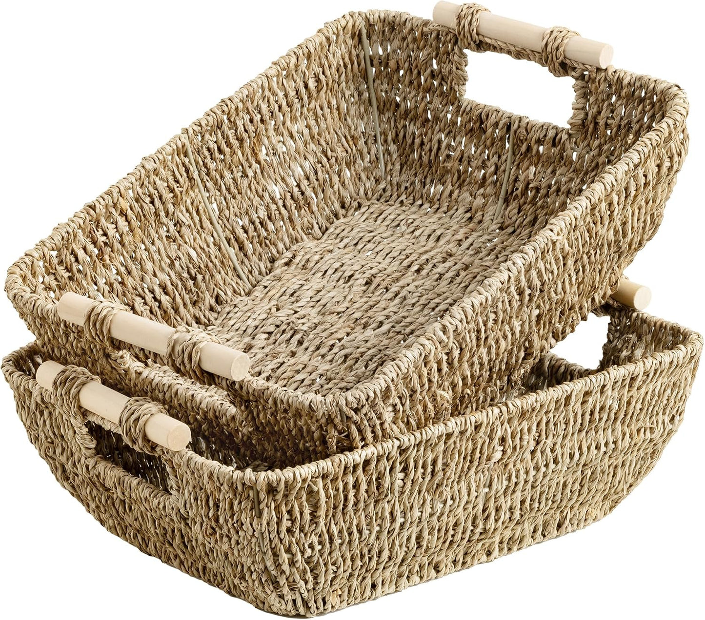 StorageWorks Hand-Woven Storage Baskets with Wooden Handles, Water Hyacinth Wicker Baskets for Organizing, 2 Pack