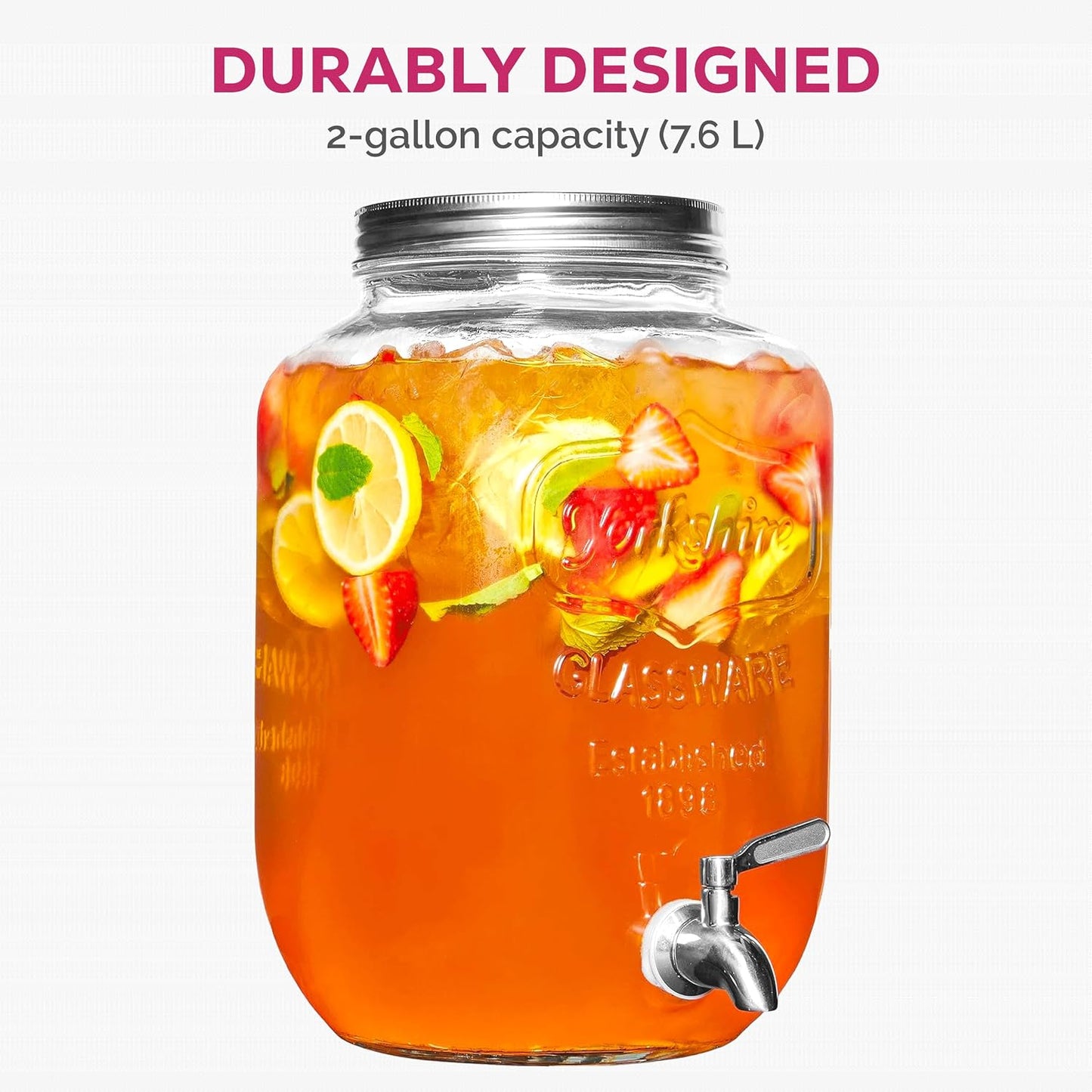FineDine Glass Drink Dispenser with Stand & Stainless Steel Spigot – 1 Gallon drink dispensers for parties, glass beverage dispenser Set, punch bowl for Lemonade, Juice, Infused Water & More, 2 Pack