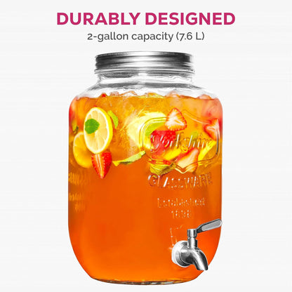 FineDine Glass Drink Dispenser with Stand & Stainless Steel Spigot – 1 Gallon drink dispensers for parties, glass beverage dispenser Set, punch bowl for Lemonade, Juice, Infused Water & More, 2 Pack