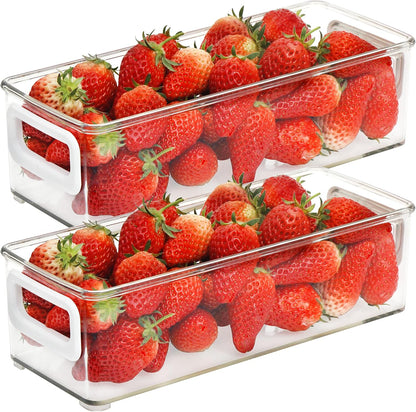 Youngever 2 Pack Stackable Plastic Storage Organizer Container Bin, Stackable Storage Bins with Handler for Refrigerator, Pantry (16" x 4" x 5")
