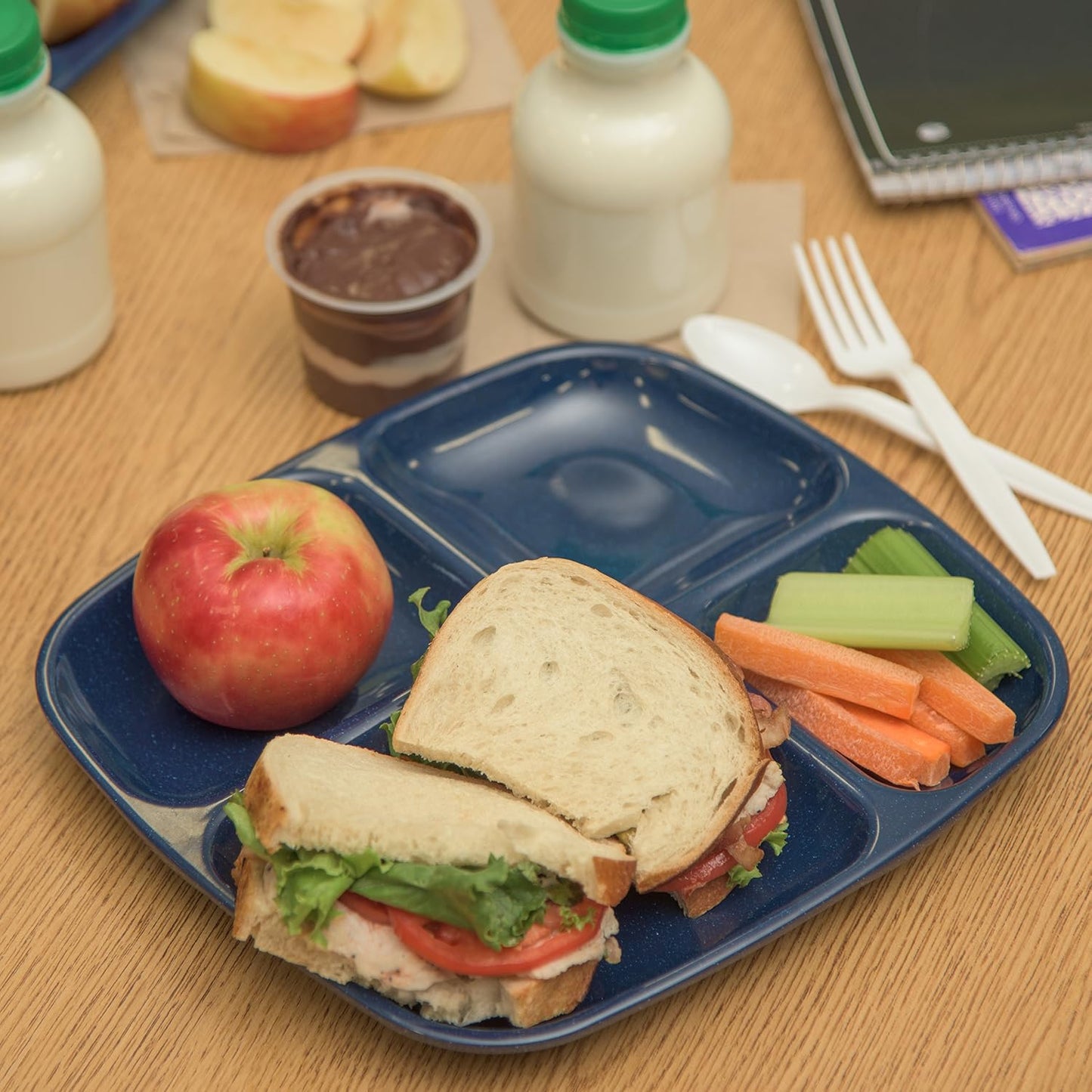 Carlisle FoodService Products Melamine Lunch Tray with 4 Compartments, Right Handed Cafeteria Tray with Divided Compartments for Food, 10" x 9.75", Dark Blue