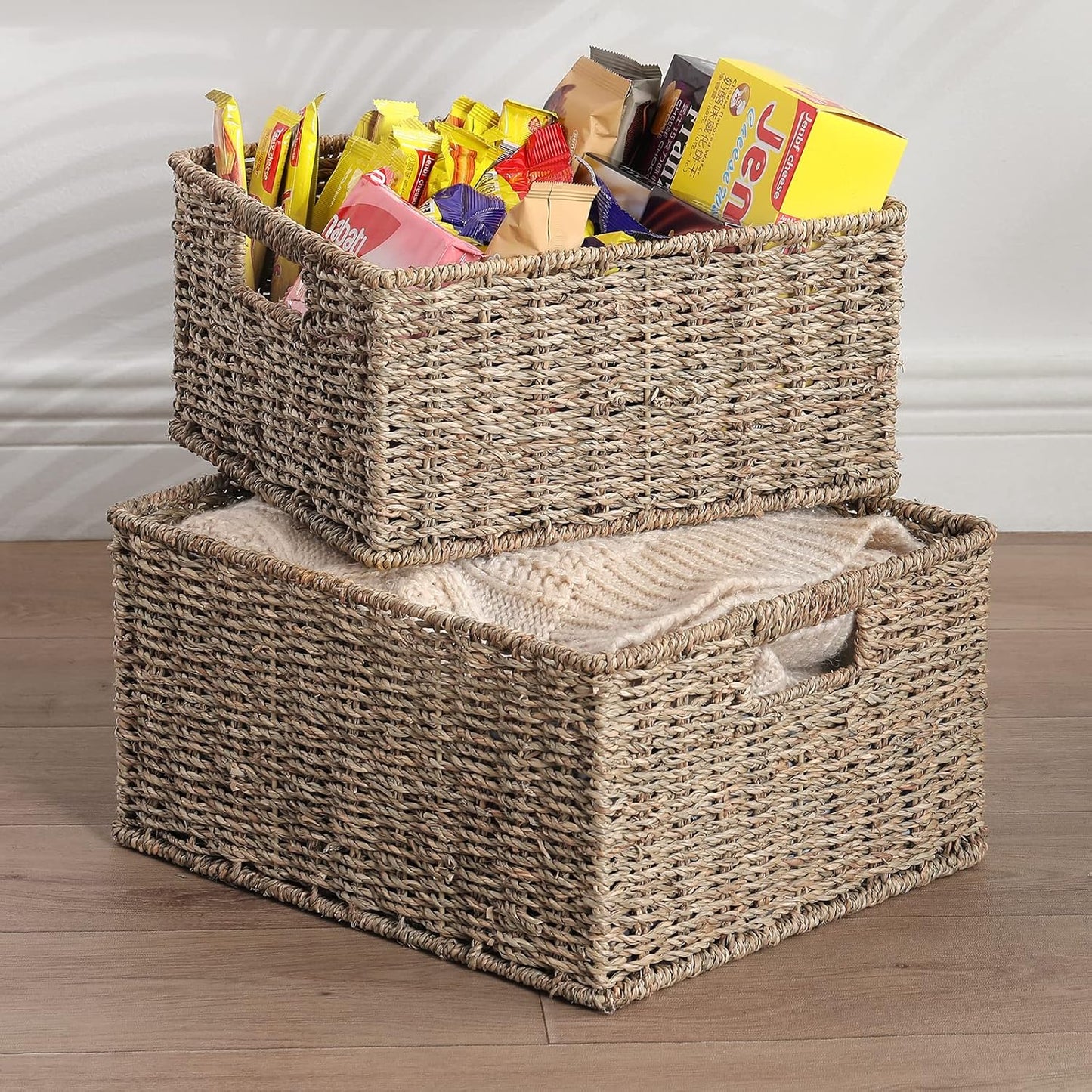 HOONEX Water Hyacinth Storage Baskets, Wicker Baskets for Storage, Hand Woven Baskets with Carry Handles, Set of 2, Natural