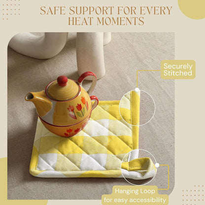 Oven Mitt (7"x13") & Pot Holder (8"x8") 100% Cotton Set of Heat Resistant Oven Gloves & Hot Pads for Gifts, BBQ, Cooking, Baking, Thanksgiving - Mustard Yellow