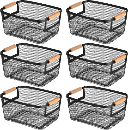 6 Pcs Metal Wire Basket with Wooden Handles, Black Mesh Steel Storage Organizer Bin Containers for Home Organizing Cabinet Pantry Closet Kitchen Fridge Fruit Makeup Snacks