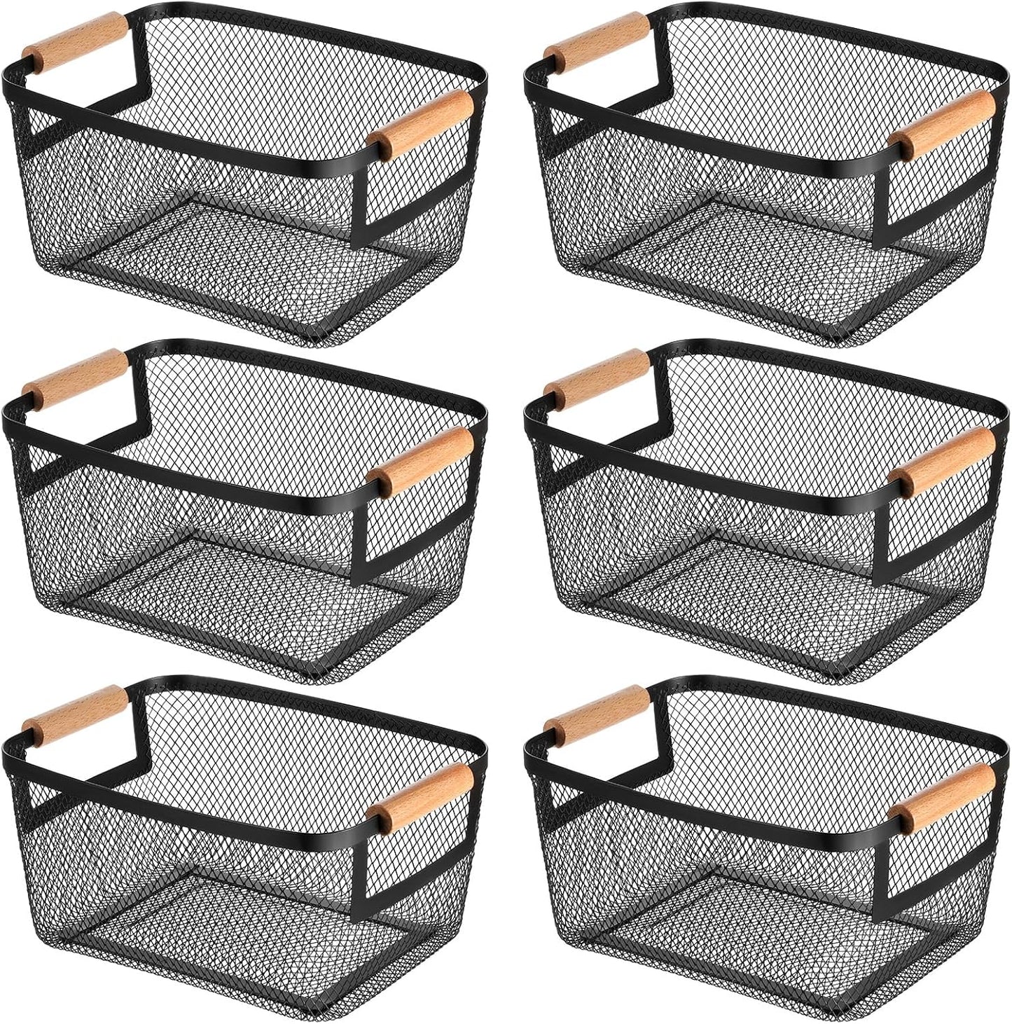 6 Pcs Metal Wire Basket with Wooden Handles, Black Mesh Steel Storage Organizer Bin Containers for Home Organizing Cabinet Pantry Closet Kitchen Fridge Fruit Makeup Snacks