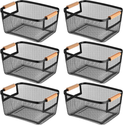 6 Pcs Metal Wire Basket with Wooden Handles, Black Mesh Steel Storage Organizer Bin Containers for Home Organizing Cabinet Pantry Closet Kitchen Fridge Fruit Makeup Snacks