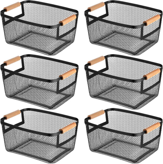 6 Pcs Metal Wire Basket with Wooden Handles, Black Mesh Steel Storage Organizer Bin Containers for Home Organizing Cabinet Pantry Closet Kitchen Fridge Fruit Makeup Snacks