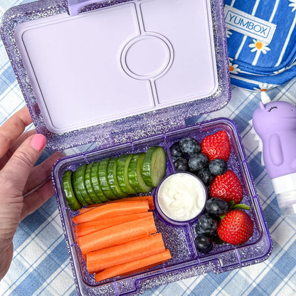 Yumbox Snack Box, 3 Compartments, Leakproof, Glitter Blue | Built-In Dip Well | Removable Compartment Tray | Easy-Open Single Latch | Lightweight & Compact | Perfect for Snacks & Sides