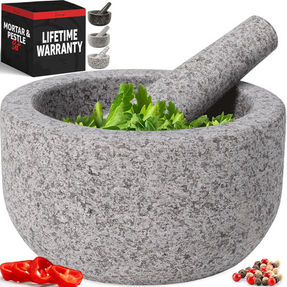 Priority Chef Heavy Duty Large 1.5 Cup Mortar and Pestle Set, 100% Natural Granite, 5.5 Inch Diameter Bowl, 6.2 Inch Pestle, Non-Slip Base, Stone Grinder for Guacamole Salsa Pesto Herbs Spices, Black