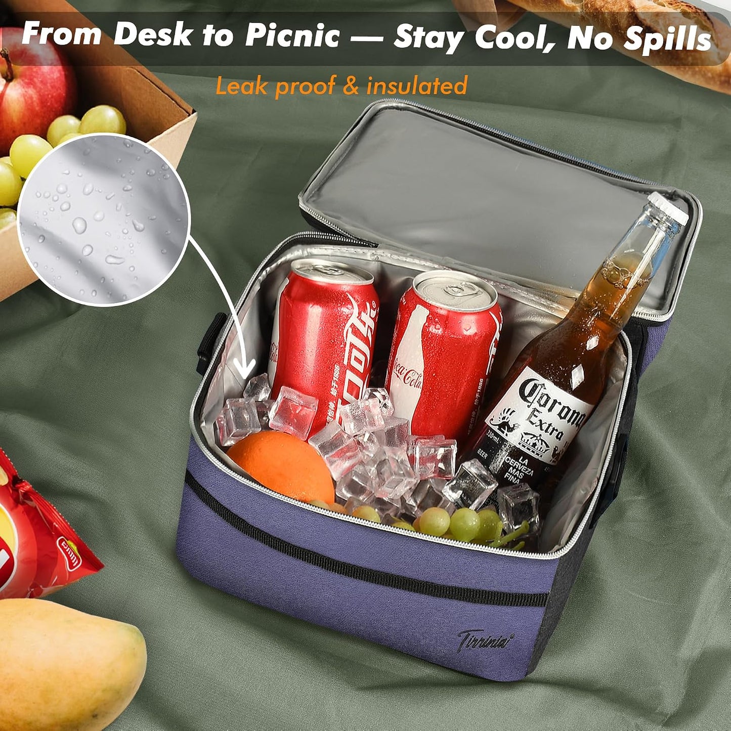 Tirrinia Reusable Lunch Box for Men Women, Insulated Lunch Bag Adult Work, Double Decker Leakproof Lunchbox for Office Picnic Beach—Dual Compartment Lunch Cooler Bag