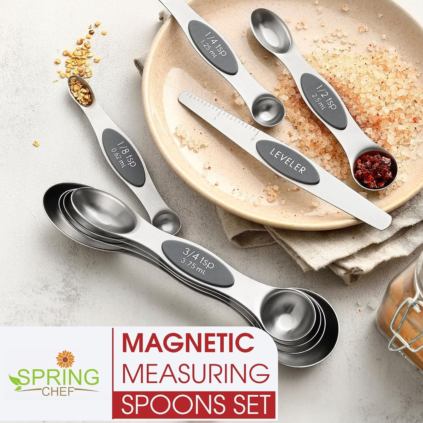 Spring Chef Stainless Steel Magnetic Measuring Spoons Set with Strong N45 Magnets, Heavy Duty Metal Kitchen Gadgets for Baking & Cooking, Fits in Most Kitchen Spice Jars, Set of 8 with Leveler, Black