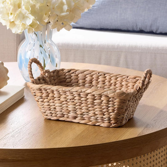 Handwoven water hyacinth basket with a loop handle, 3.9 inches, ideal for pantries, shelving, and home decor