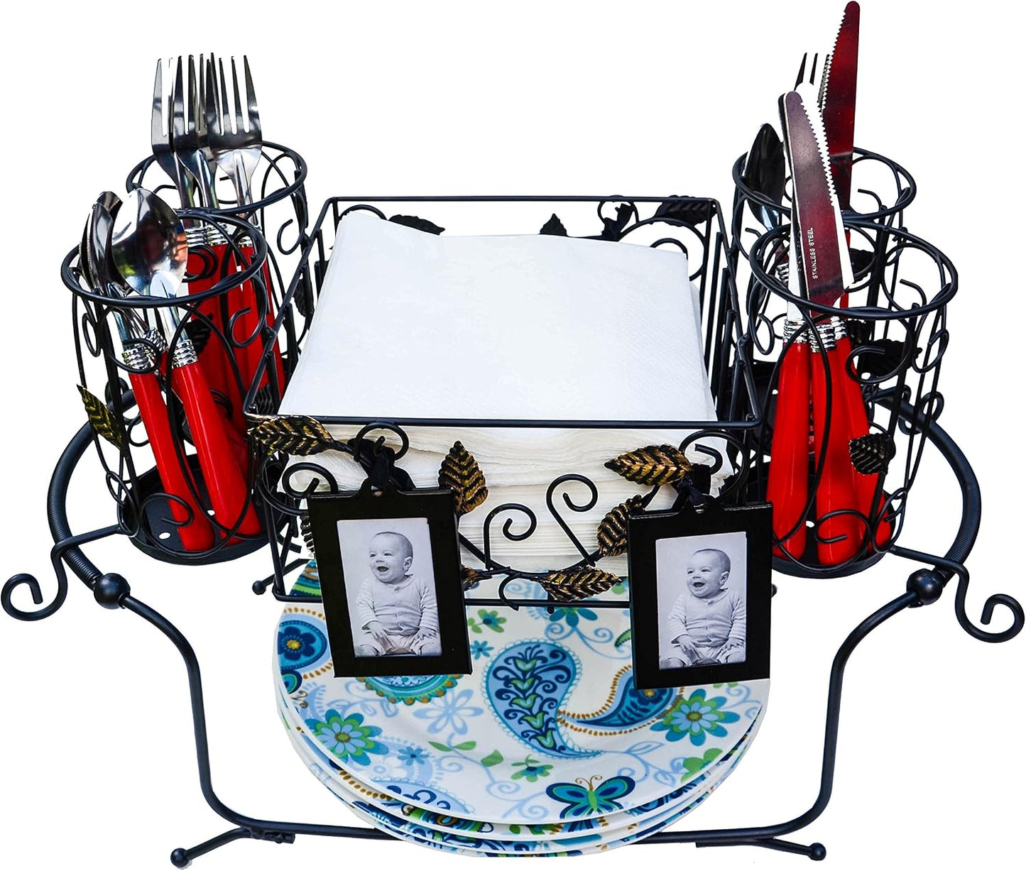 Portable Utensil Caddy for Parties, Elegant Leaf Design Buffet & Silverware Organizer with Napkin Holder, Stainless Steel Plate Storage Caddy for Camping, BBQ & Outdoor Dining