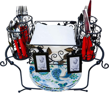 Portable Utensil Caddy for Parties, Elegant Leaf Design Buffet & Silverware Organizer with Napkin Holder, Stainless Steel Plate Storage Caddy for Camping, BBQ & Outdoor Dining