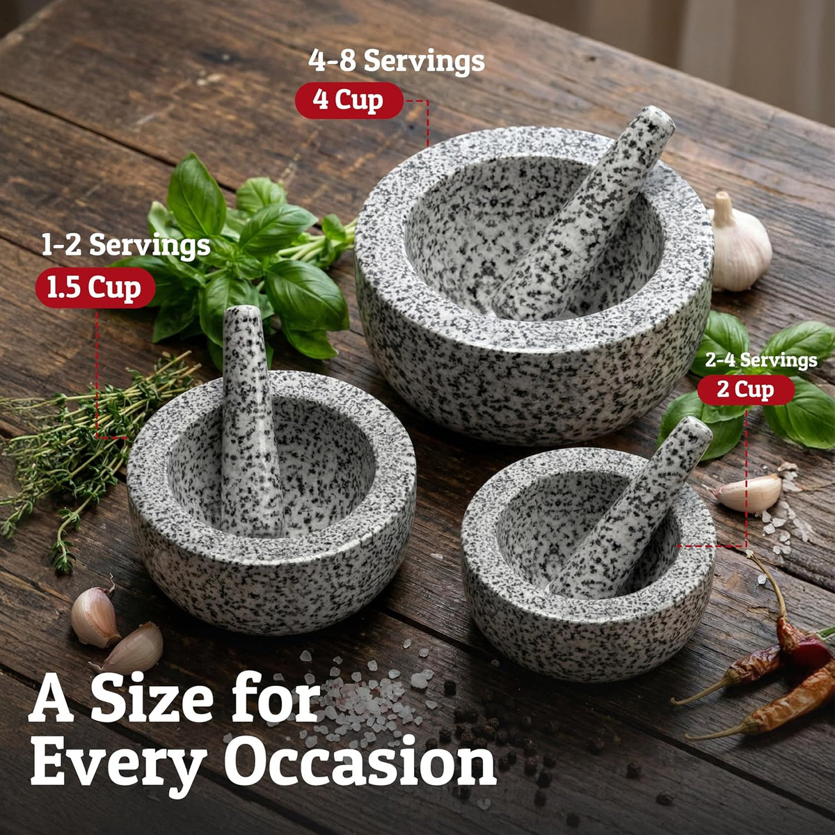 Priority Chef Heavy Duty Large 1.5 Cup Mortar and Pestle Set, 100% Natural Granite, 5.5 Inch Diameter Bowl, 6.2 Inch Pestle, Non-Slip Base, Stone Grinder for Guacamole Salsa Pesto Herbs Spices, Black