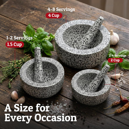 Priority Chef Heavy Duty Large 1.5 Cup Mortar and Pestle Set, 100% Natural Granite, 5.5 Inch Diameter Bowl, 6.2 Inch Pestle, Non-Slip Base, Stone Grinder for Guacamole Salsa Pesto Herbs Spices, Black