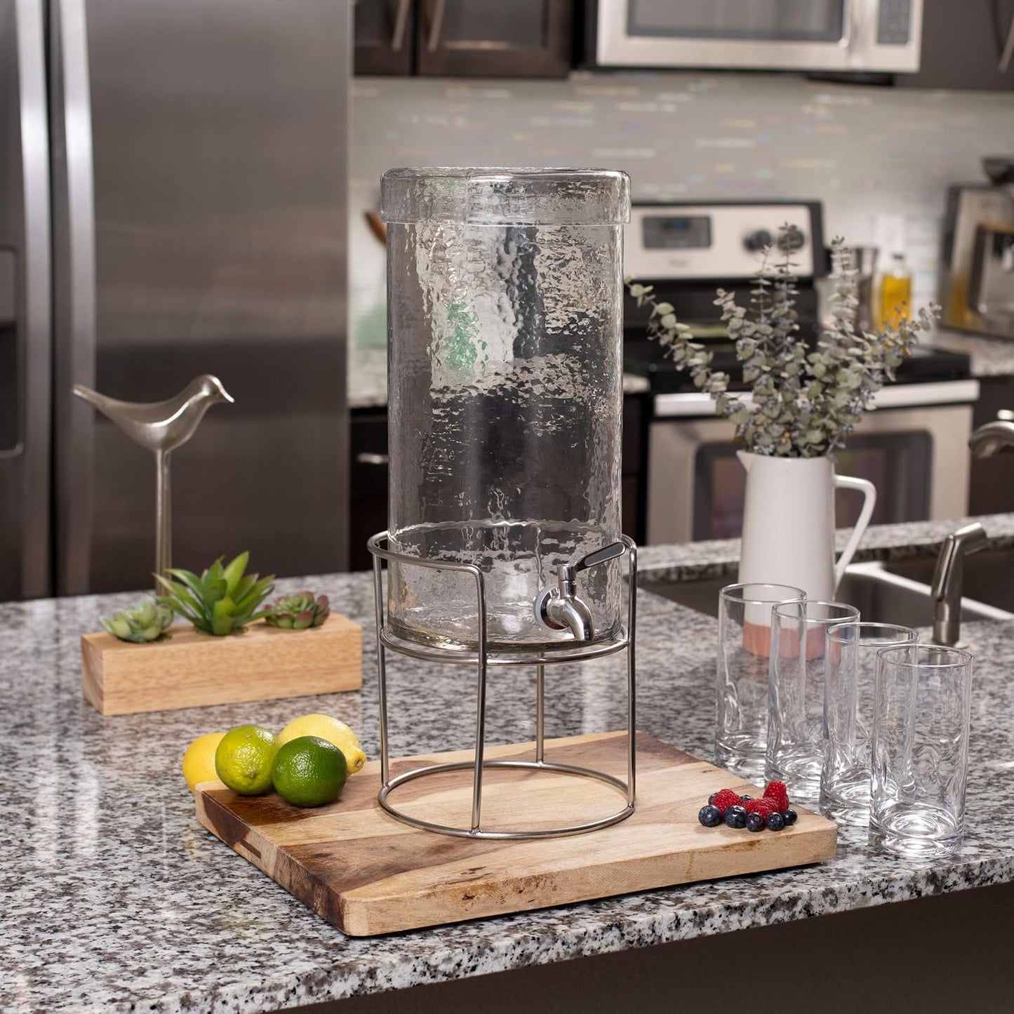 BIRDROCK HOME Beverage Dispenser with Stand & Stainless Steel Spigot - Hammered Glass Drink Dispenser for Parties Home & Events - Ideal for Serving Tea, Lemonade, Juice, Sangria, Cocktail - 1.5 Gallon