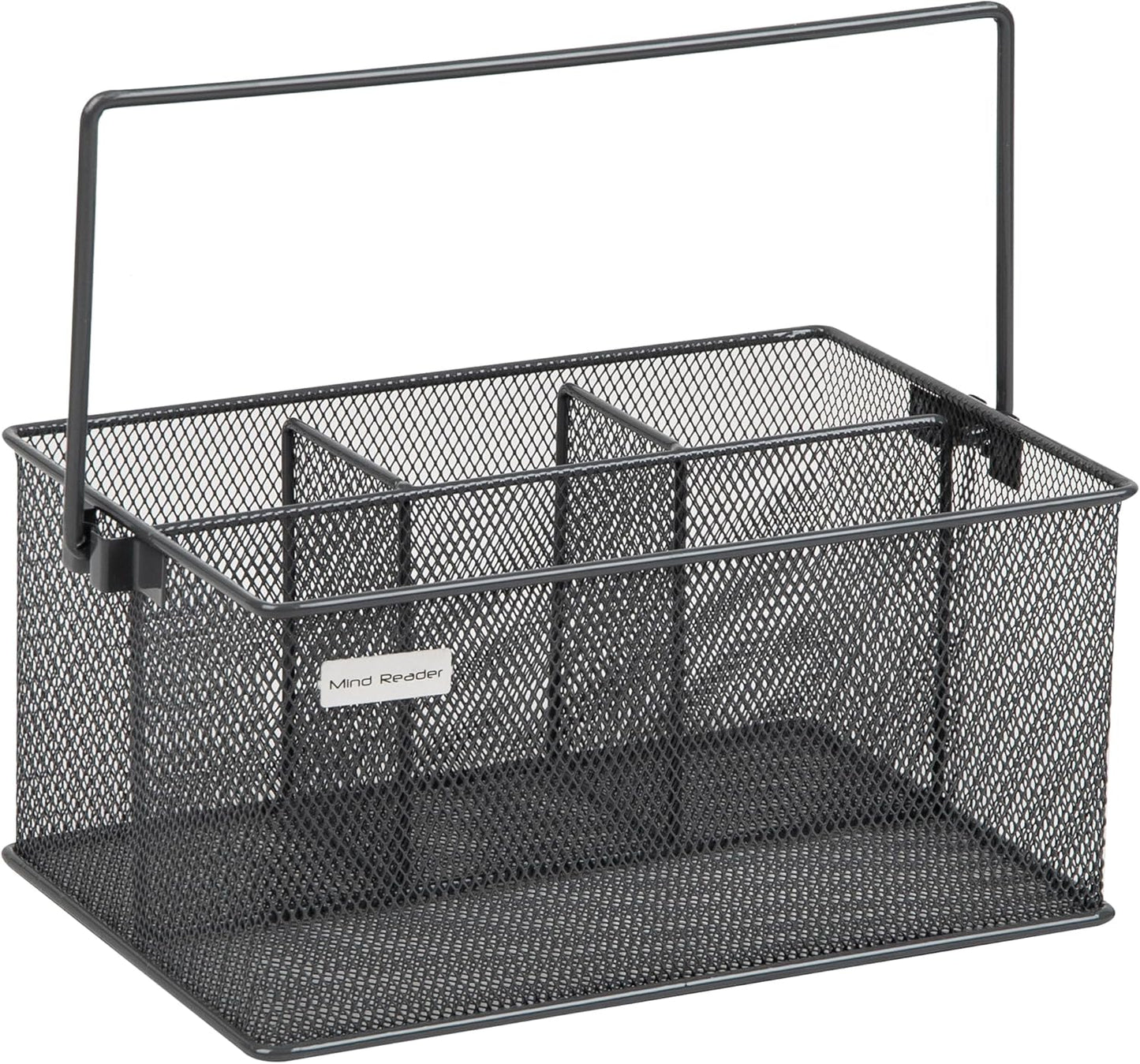 Mind Reader Multi-purpose Storage Caddy with Handle, Desktop Organizer, Cutlery Holder, 4 Compartments, Metal Mesh, Black