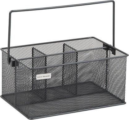 Mind Reader Multi-purpose Storage Caddy with Handle, Desktop Organizer, Cutlery Holder, 4 Compartments, Metal Mesh, Black