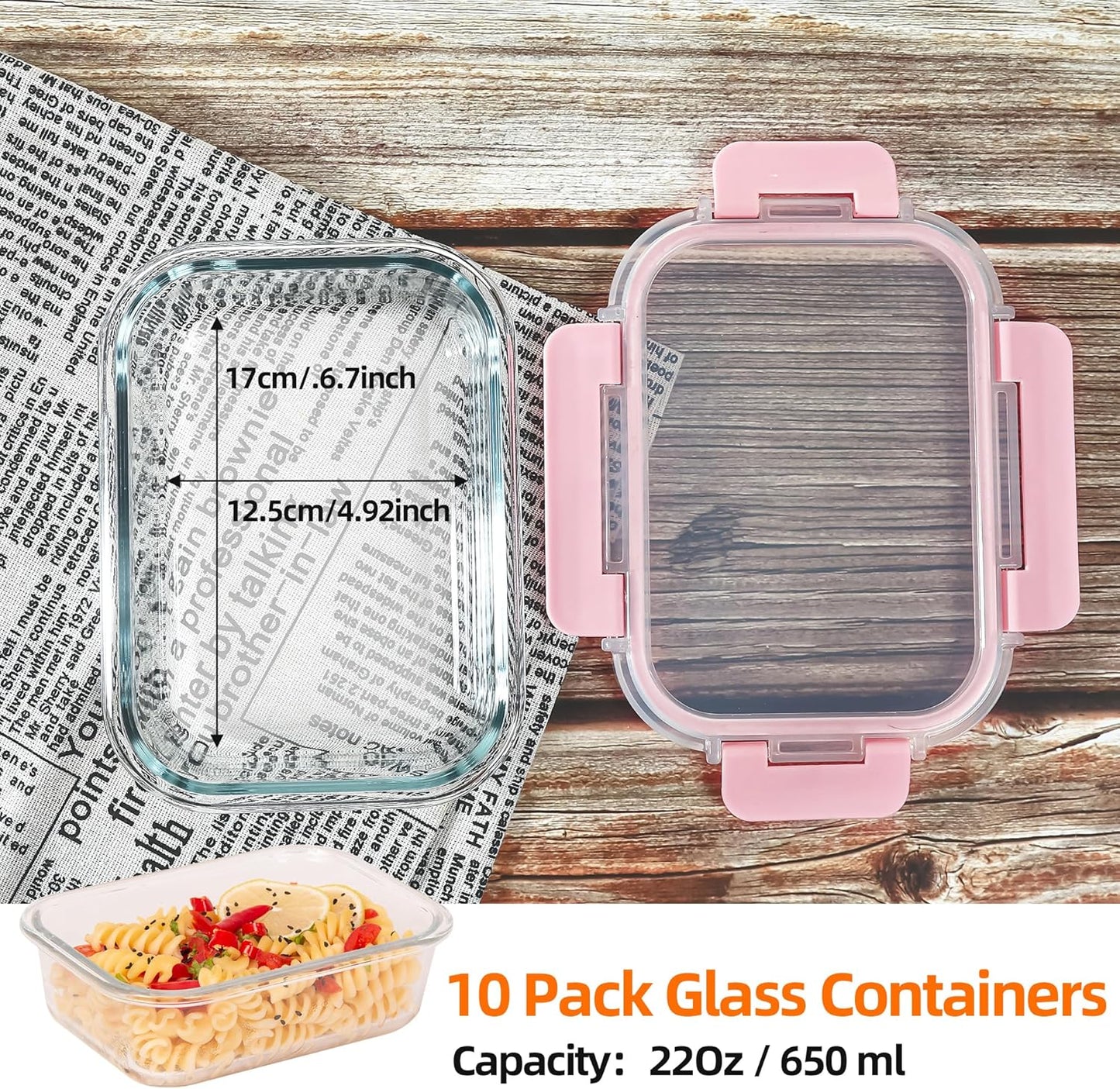 Glass Food Storage Containers 10 Pack - 22Oz Meal Prep Container Set with Lid, Airtight Snap Lock, Microwave Freezer Oven Dishwasher Safe, Lunch Box for Work, Grey