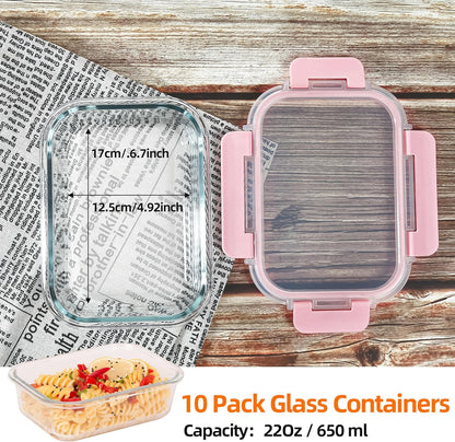 Glass Food Storage Containers 10 Pack - 22Oz Meal Prep Container Set with Lid, Airtight Snap Lock, Microwave Freezer Oven Dishwasher Safe, Lunch Box for Work, Grey