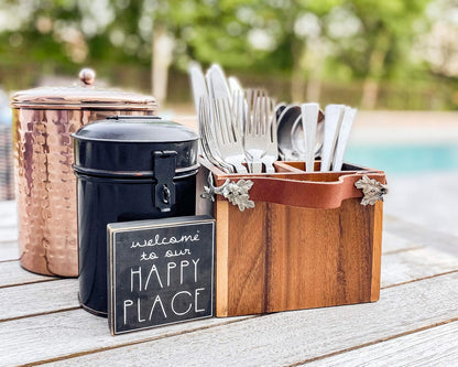 Vagabond House Caddy Rectangle Acacia Wood Flatware/Serve ware/Utensil/Carry-All Holder Solid Pewter Song Bird Accent and Real Leather Handles, 3 Small and 1 Larger Compartment 13.5 inch Long