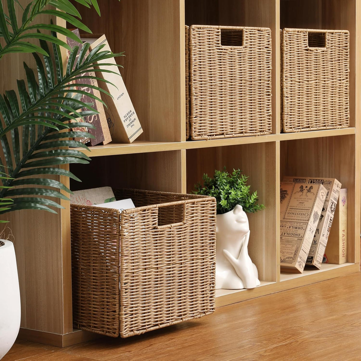 12x12x10in Water Hyacinth Storage Basket Large, Folding Cube Woven Wicker Storage Basket for Shelves, Pantry Baskets Organization and Storage, Kitchen Storage Baskets, Large Rattan Basket Set of 3