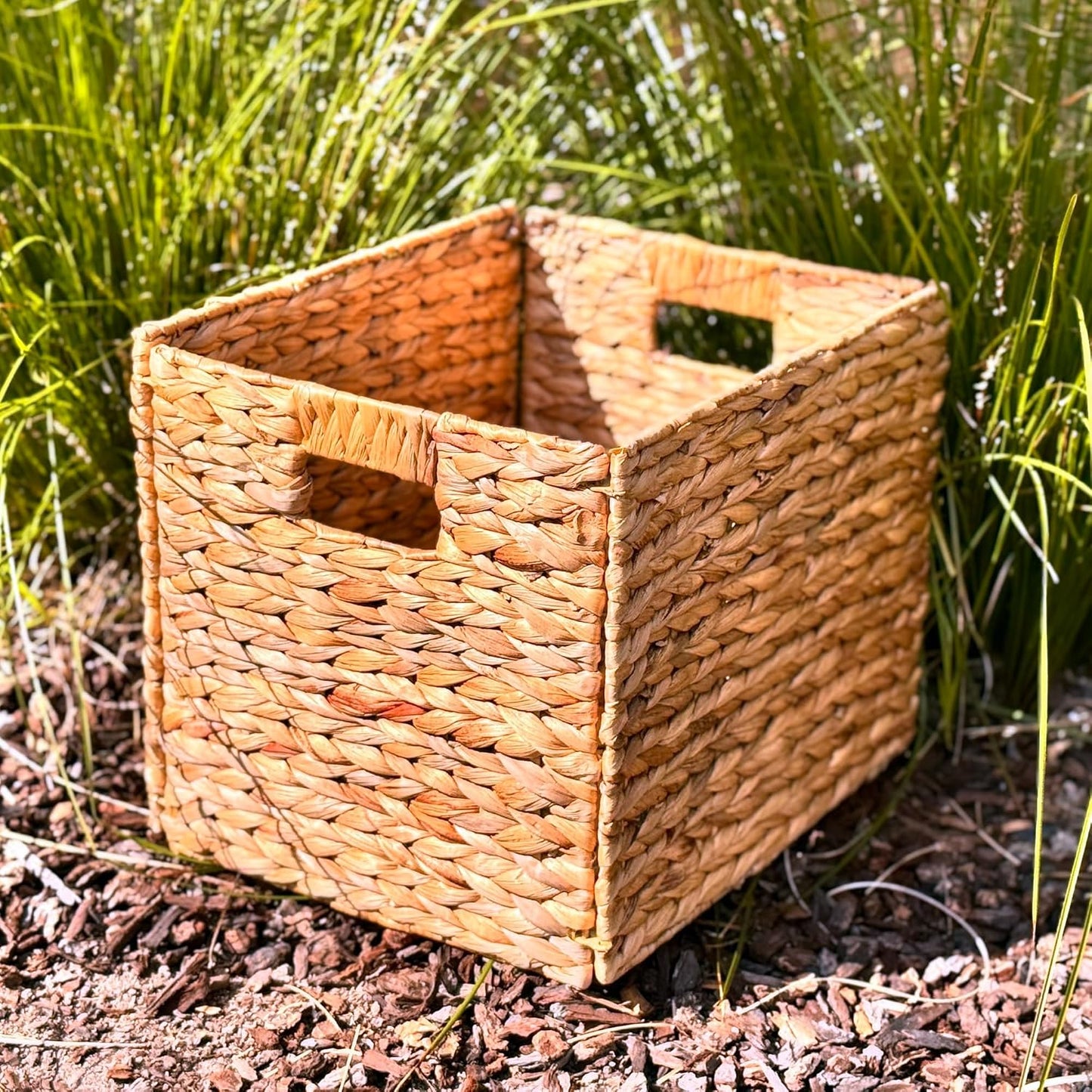4 Hand-Woven Wicker Storage Baskets 13x11x11in, Water Hyacinth Shelf Bins | ECO-FRIENDLY & SUSTAINABLE