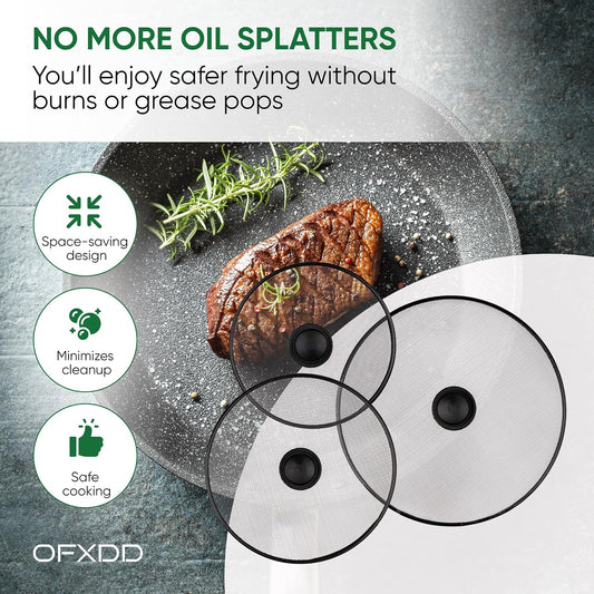 Stainless Steel Splatter Screen with Lid for Cooking - Set of 3: 8,2", 10", 11,4" - Splatter Grease Guard for Kitchen Stove - Anti Oil Splash Frying Shield