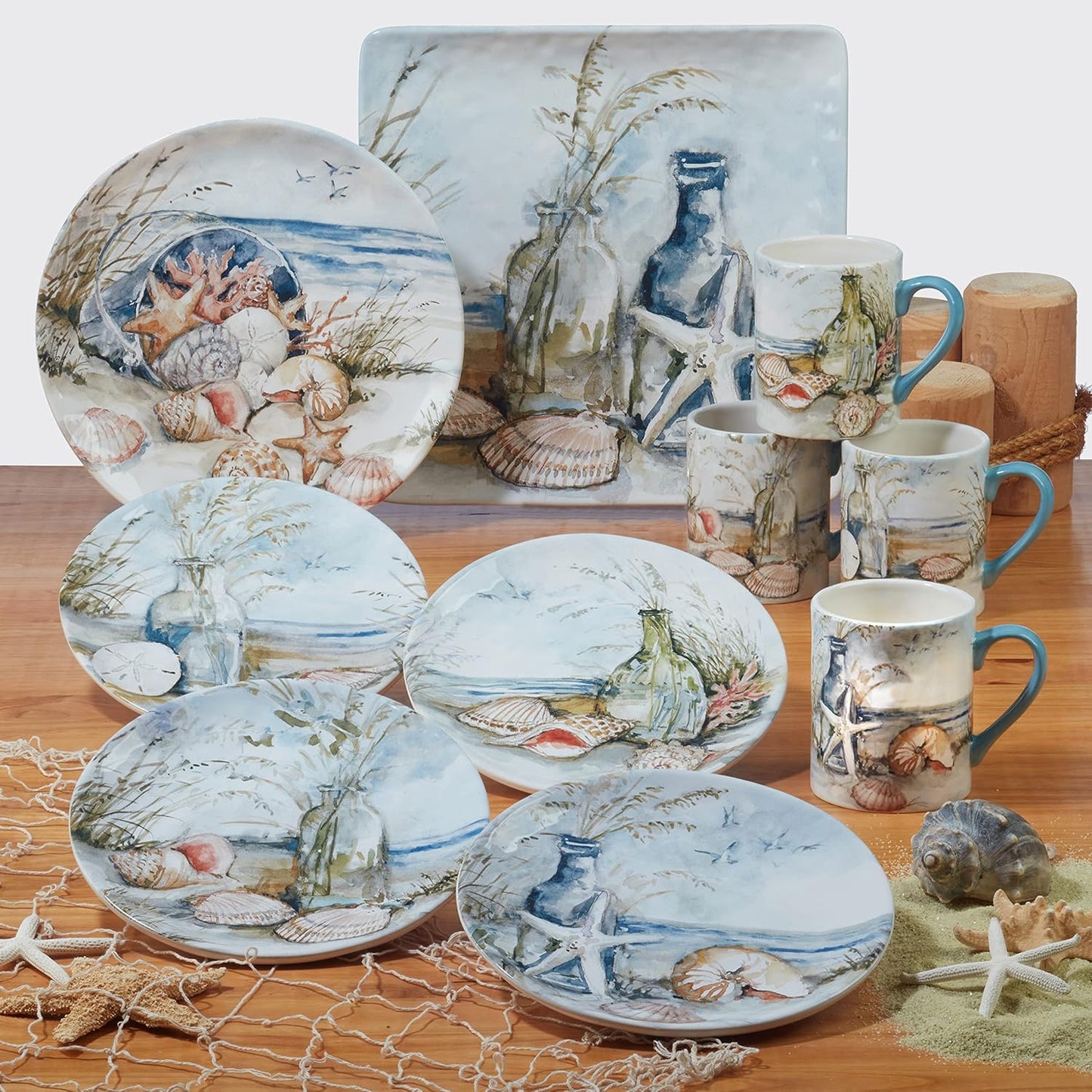 Coastal Landscape Ceramic Chip & Dip Platter – 13.5" Round Server with Shorebirds Illustration, Ocean-Inspired Tableware for Chips & Salsa, Crudités, Seafood, Crackers, Appetizers