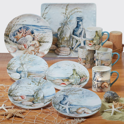 Coastal Landscape Ceramic Chip & Dip Platter – 13.5" Round Server with Shorebirds Illustration, Ocean-Inspired Tableware for Chips & Salsa, Crudités, Seafood, Crackers, Appetizers