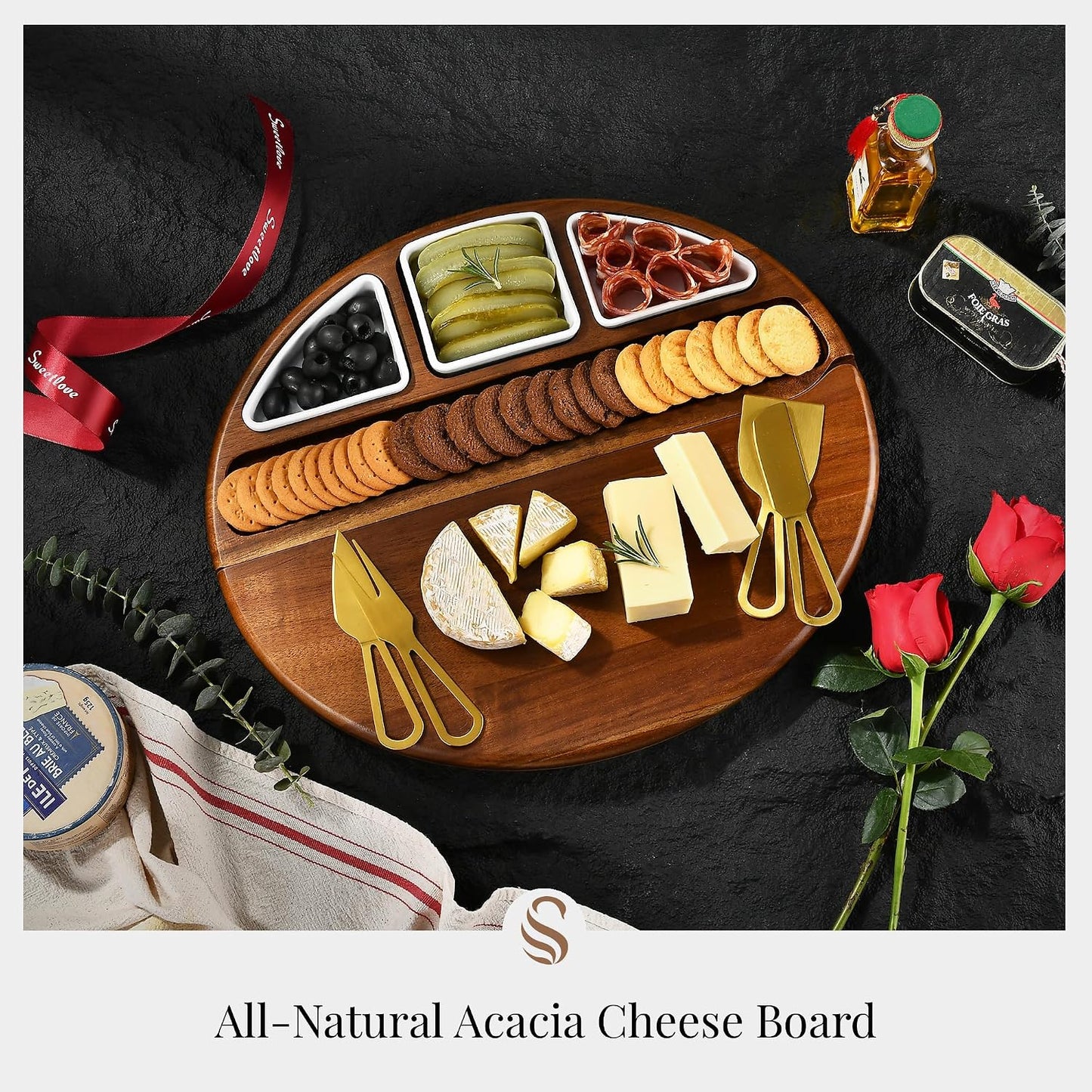 Shanik Acacia Wood Lazy Susan Cheese Board Set – Rotating Charcuterie Platter, Elegant Serving Tray for Appetizers, Snacks, Parties & Weddings
