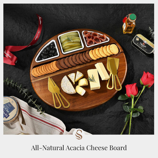 Shanik Acacia Wood Lazy Susan Cheese Board Set – Rotating Charcuterie Platter, Elegant Serving Tray for Appetizers, Snacks, Parties & Weddings