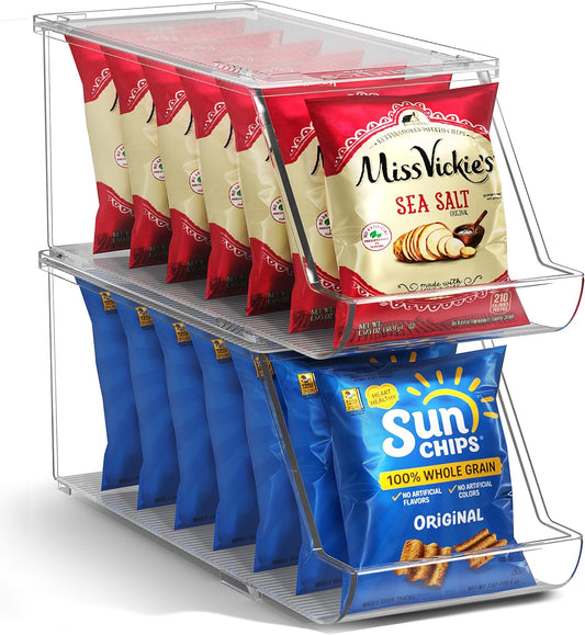 Sorbus Stackable Snack Organizer Bins Open Front – Clear Pantry Storage Bins for Chips, Snacks & Food Pouches – Kitchen Pantry Organizer (4 Pack) | Open Front, Clear, For Chips, Snacks & Food Pouches, Pantry Storage